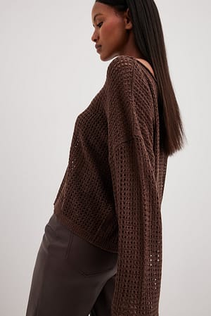 Dark Brown Strikket løstsiddende sweater i overstørrelse