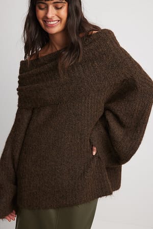 Dark Brown Oversized Off Shoulder Knitted Sweater