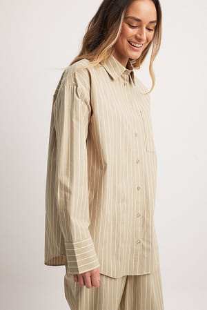 Beige Stripe Oversized Pocket Detail Cotton Shirt