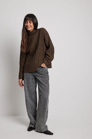 Brown Oversized Rib Knitted Turtle Neck Sweater