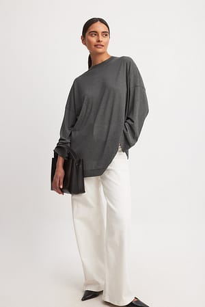 Dark Grey Oversized Sheer Long Sleeve Top