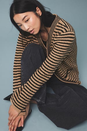 Beige/Black Oversized Striped Knitted Cardigan
