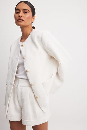 White Oversized Tweed Button Detail Jacket