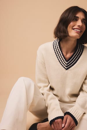 Cream Oversized V-neck Contrast Detail Sweater