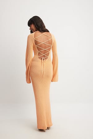 Light Orange Open Back Lace Detail Knitted Maxi Dress