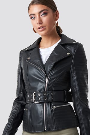 Black Belted Faux Leather Jacket