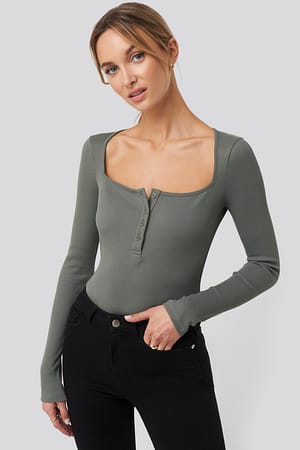 Dark Grey Pamela x NA-KD Reborn Organic Long Sleeve Button Detail Bodysuit