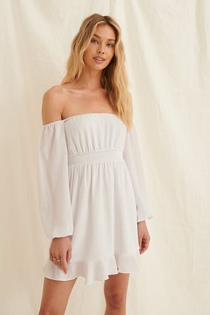 White Off Shoulder Smocked Recycled Mini Dress