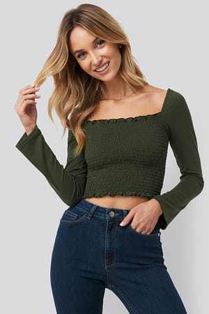 Khaki Recycled Square Neck Smocked Crop Top