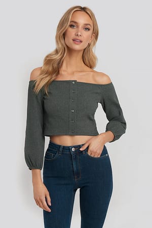 Dark Grey Recycled Puff Sleeve Button Up Crop Top