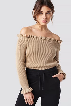 Beige Ruffle Off Shoulder Knitted Sweater