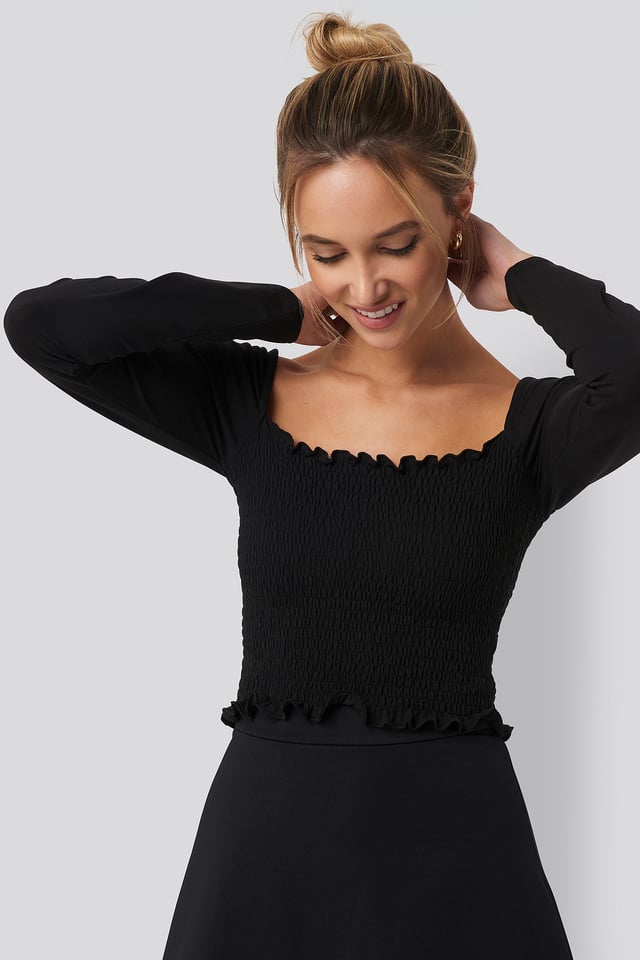 Square Neck Smocked Crop Top Black