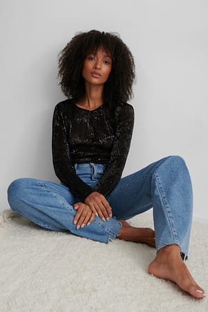 Black NA-KD Party Sequin Round Neck Top