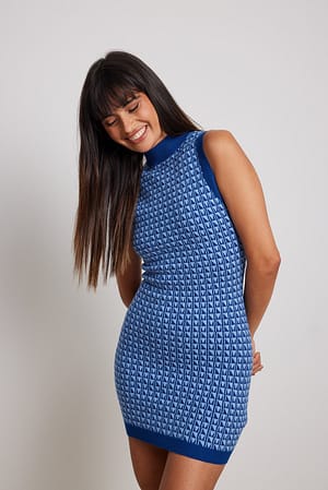 Blue Pattern Detail Mini Dress