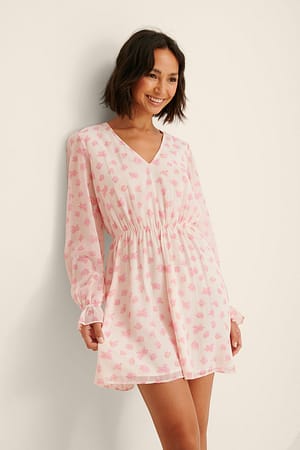 Pink Print Kleid Mit Langen Ärmeln Und V-Ausschnitt