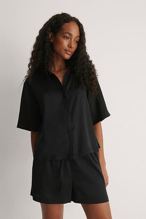Black Short Sleeve Satin Shirt