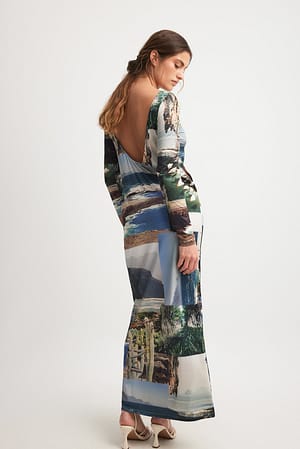 Photo Print Maxi abito con collage fotografico a maniche lunghe