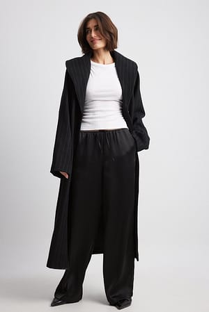 Black Pinstriped Wool Blend Coat
