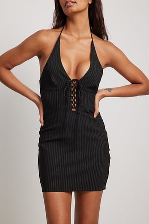 Black Pinstripe Pinstriped Lacing Front Mini Dress