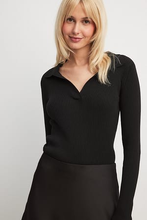 Black Pique Collar Knitted Long Sleeve Top