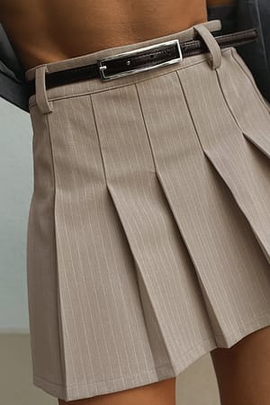 Beige Stripe Pleated Mini Skirt