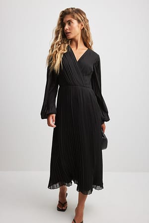 Black Pleated Overlap Midi Dress