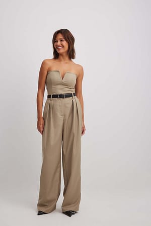 Beige Pleated Wide Leg Relaxed Pants