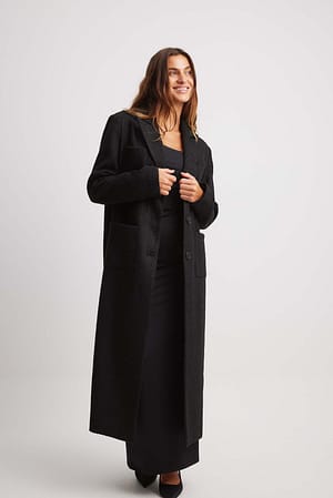 Black Długi tweedowy płaszcz z ozdobnymi kieszeniami
