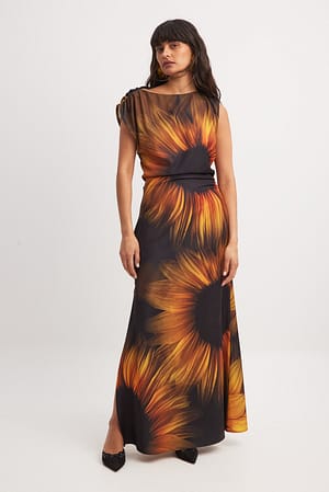 Sunflower Printed Draped Detail Maxi Dress