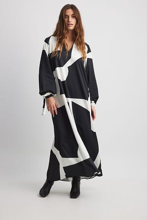 Black/White Print Robe longue fluide à imprimé