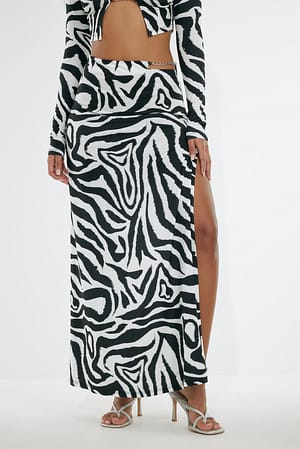 Black Zebra Printed High Slit Maxi Skirt