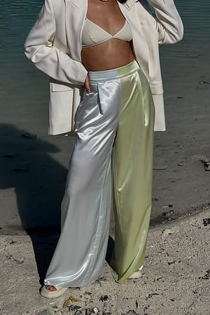 Mixed Printed High Waist Flowy Satin Suit Pants