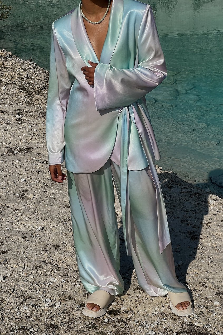 Schneiderei Hosen mit hoher Taille | Printed High Waist Flowy Satin Suit Pants - PV32872