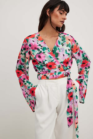 Poppy Red Flower Printed Trumpet Sleeve Chiffon Blouse