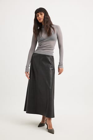 Black PU Flowy Midi Skirt