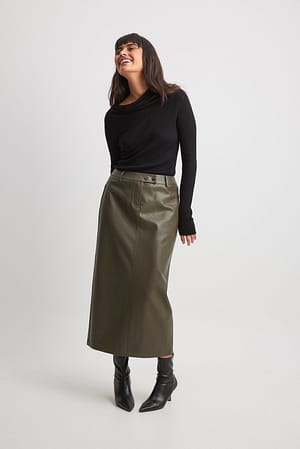 Dark Olive PU Mid Waist Midi Skirt