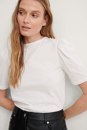White Camiseta de algodón manga abullonada