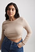 Light Beige Round Neck Ribbed Long Sleeve Crop Top