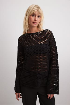 Black Relaxed Fit Crochet Sweater