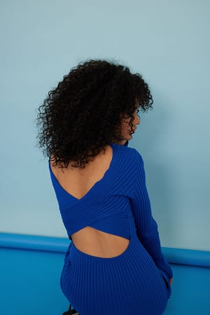Blue Rib Knitted Back Detail Mini Dress