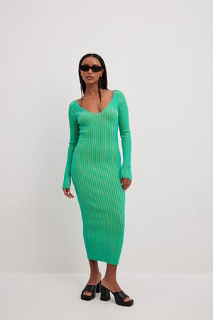 Green/Blue Rib Knitted Midi Dress
