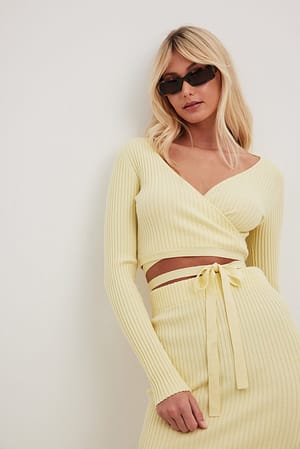 Light Yellow Rib Knitted Long Sleeved Wrap Top