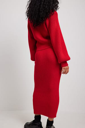 Red Rib Knitted Midi Skirt