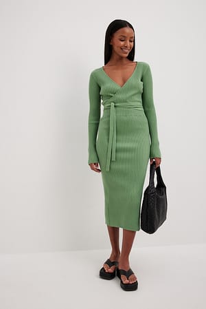 Light Green Rib Knitted Midi Skirt