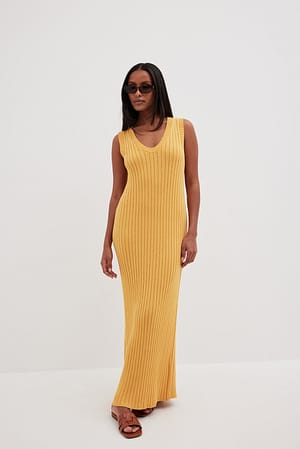 Rib Knitted V-Neck Midi Dress Outfit.