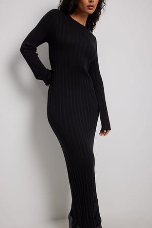 Black Ribbed Detail Knitted Maxi Dress