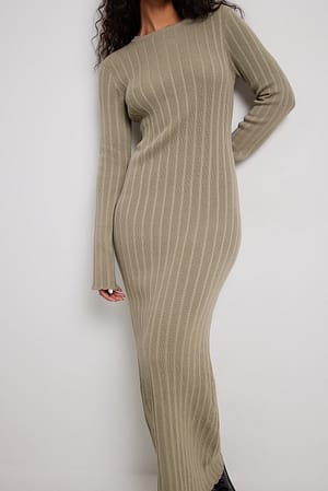 Beige Ribbed Detail Knitted Maxi Dress