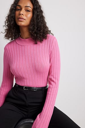 Pink Ribbed High Neck Knitted Sweater