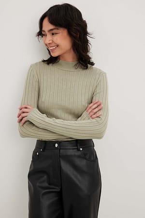 Dusty Khaki Ribbed High Neck Knitted Sweater