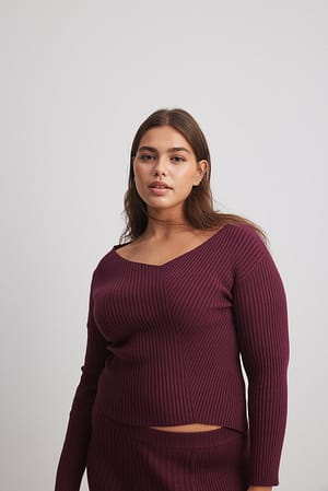 Purple Ribbed Knitted Assymetric Sweater